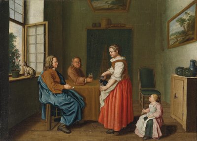 Interieur mit zwei Männern am Tisch und einer Magd, die sie bedient von Jan Josef Horemans II